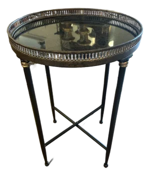 Traditional Black Marble Top Round End Table With Brass Gallery