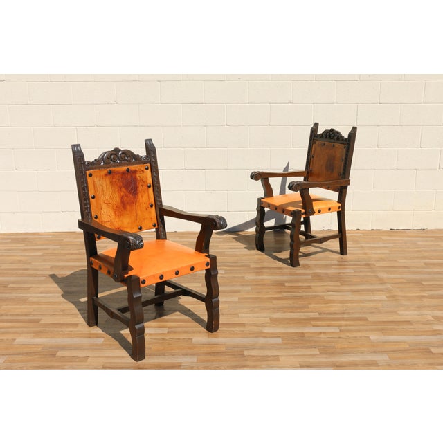 Set of 6 Spanish Revival Carved Wood & Tan Leather Dining Chairs For Sale - Image 11 of 18