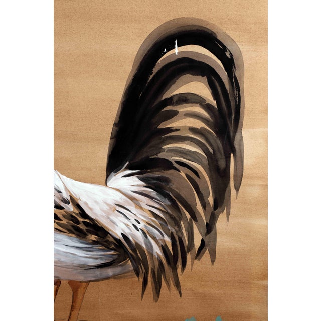 English Vintage Painting of Rooster on Rock With Black Tail Feathers For Sale - Image 3 of 5