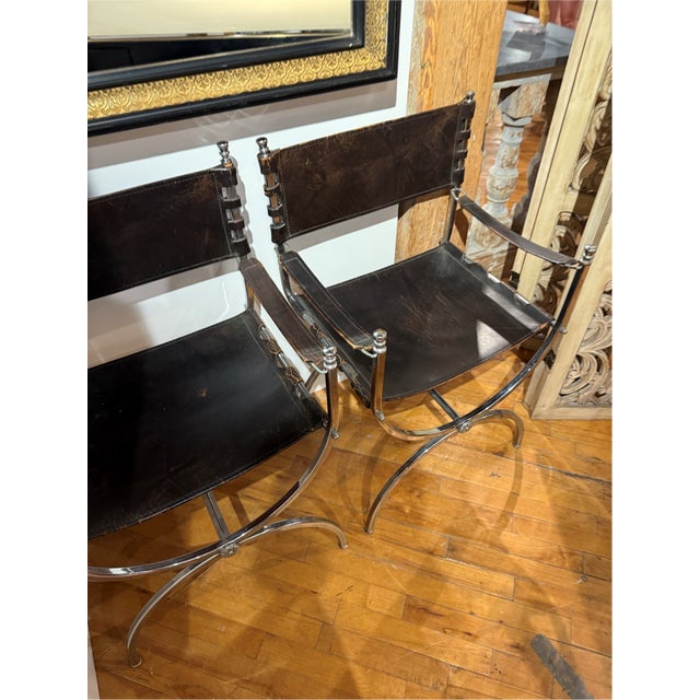 19th Century 19th Century Black Leather Savonarola Chairs For Sale - Image 5 of 5