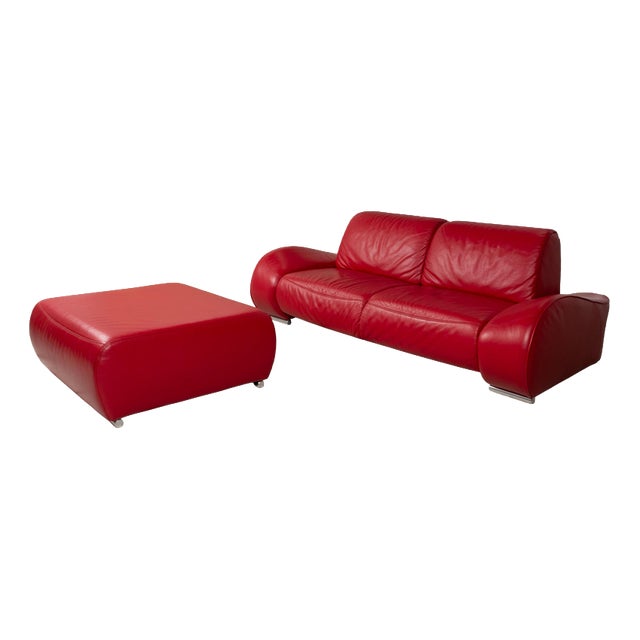 Two-Seater Sofa and Ottoman in Leather from Musterring, Set of 2 For Sale
