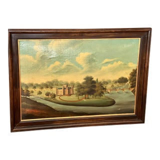 Antique Primitive Framed English Manor Landscape Painting For Sale