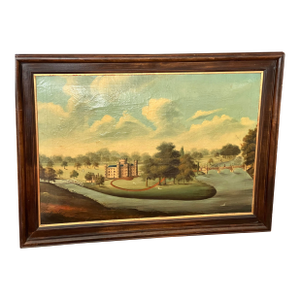 Antique Primitive Framed English Manor Landscape Painting