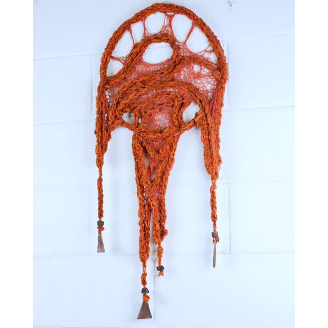 Mid-Century Modern Mid Century Artisan Made Woven Orange Macrame Wall Hanging For Sale - Image 3 of 4