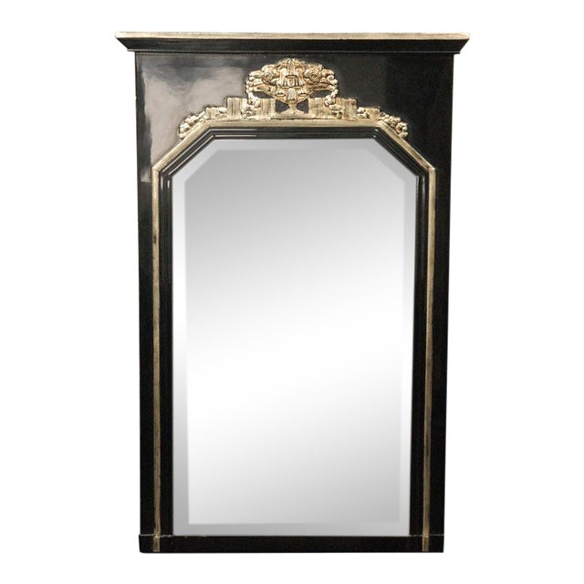 French Art Deco Mirror in Black Lacquer With Silver Leaf Relief Carvings For Sale