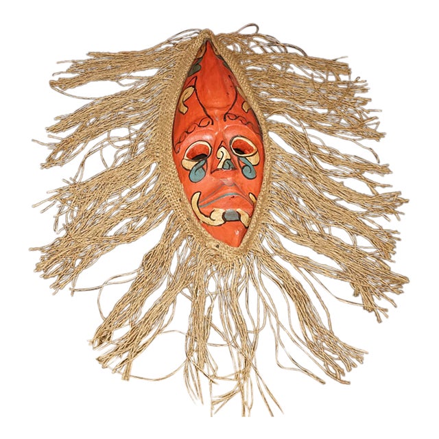 Hand-Painted Tribal-Style Wooden Mask With Natural Fiber Fringe – 18” For Sale
