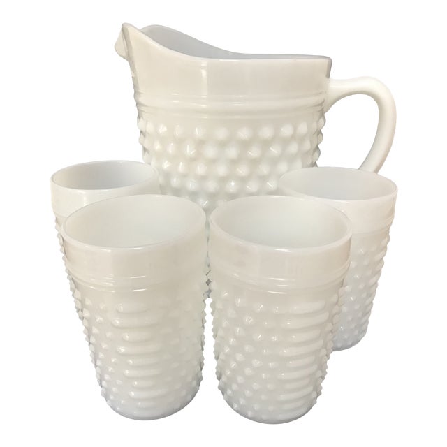 Fenton Vintage White Milkglass Hobnail Pitcher & Glasses Chairish