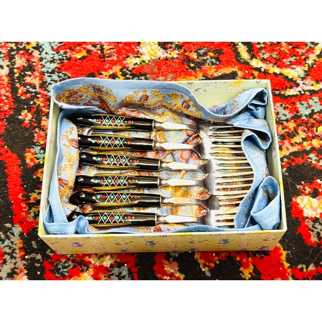 Mid-Century Modern Late 20th Century S&s Haddad Family Authentic Jezzine Dessert Spoons & Forks Inlaid With Turquoise & Coral- 12 Pieces For Sale - Image 3 of 15