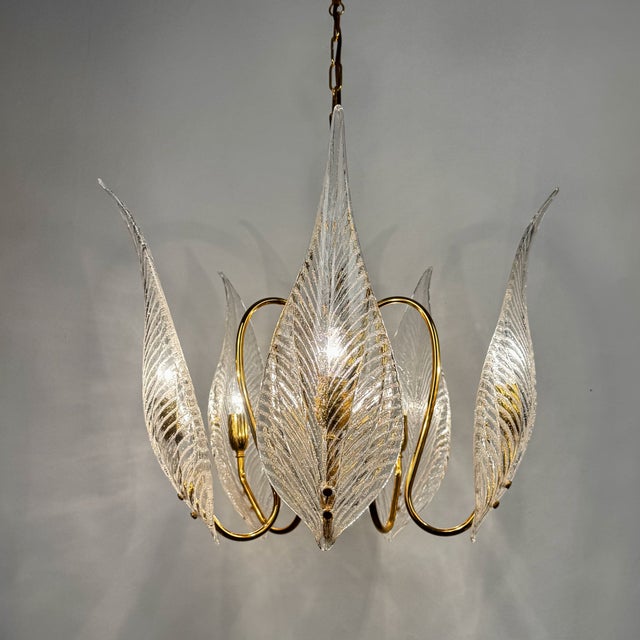 Metal Large Brass and Murano Glass Leaves Chandelier, Italy, 1980s For Sale - Image 7 of 11