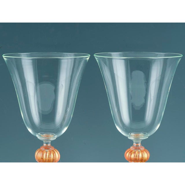 Mid-Century Modern Vintage Murano Glass Large Wine Glasses, Peach and Gold-Leaf Ribbed Stems, Set of Ten For Sale - Image 3 of 8