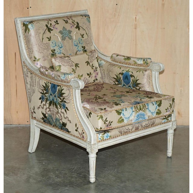 Exquisite pair of Stamped Charles-Emile Moinat restored antique French Louis XVI armchairs with floral silk upholstery A...