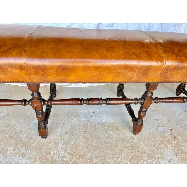 Late 19th Century French Louis XIV Style Walnut and Leather Bench For Sale - Image 6 of 12