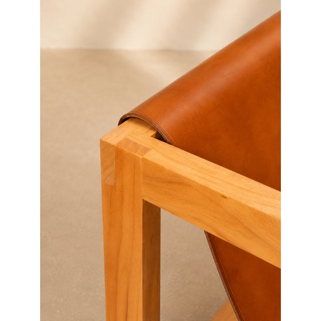 Contemporary Handcrafted Suspended Leather Lounge Chair in Solid Wood For Sale - Image 3 of 5