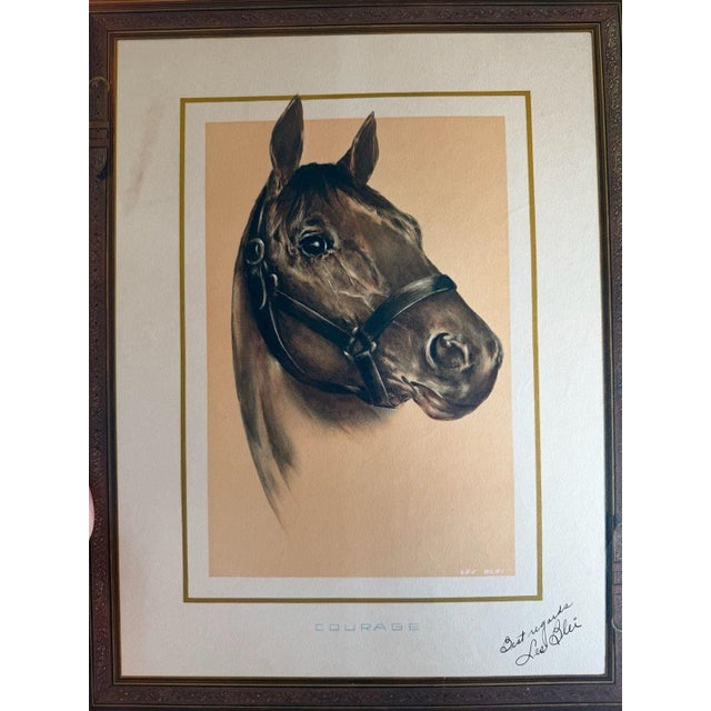 Vintage Les Blei signed 'Courage' Thoroughbred horse portrait framed art print. This classic piece of equine art features...