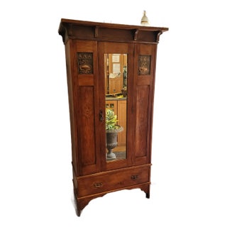 Antique Arts & Crafts Art Nouveau Shapland & Petter Armoire Robe Solid Oak Metal Panels For Sale