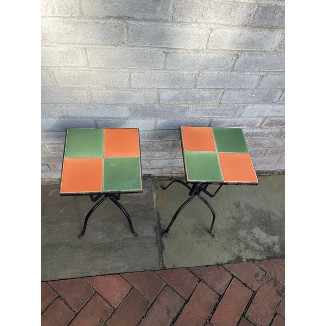 Art Deco Pair of Vintage Tile Top Iron Side Tables For Sale - Image 3 of 5