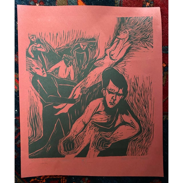 "Rocco and His Brother" MCM woodblock print by Katharine Yares, pencil signed and numbered 7.