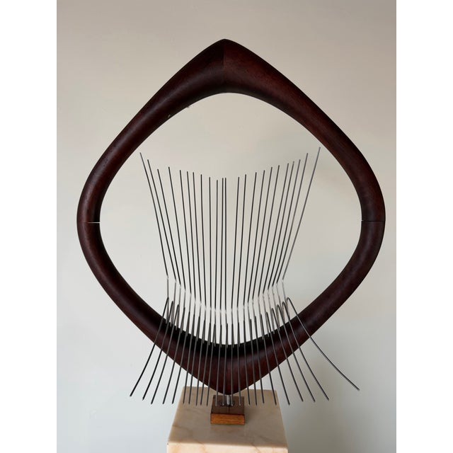 1970s Mid-Century Modern Barbara Hepworth-Style Wood & Metal Abstract Sculpture on Marble Base For Sale - Image 4 of 16