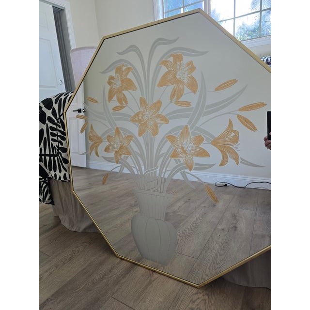 Glass Vintage Windsor Robert Slimbach Octagon Etched Daffodils Wall Mirror Mid Century For Sale - Image 7 of 15