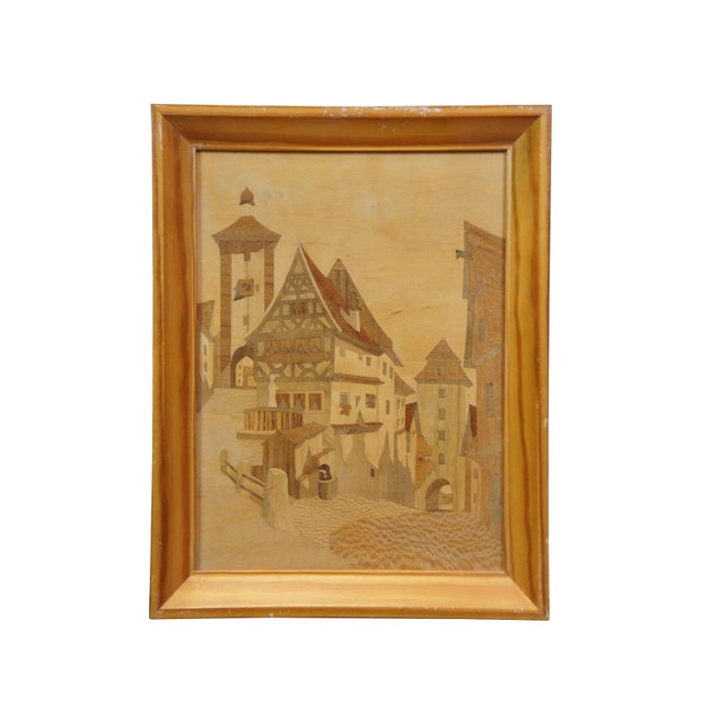 Rustic 2 Schild Intarsia German Wood Inlay Marquetry Cityscapes Street Scenes 11" For Sale - Image 3 of 12