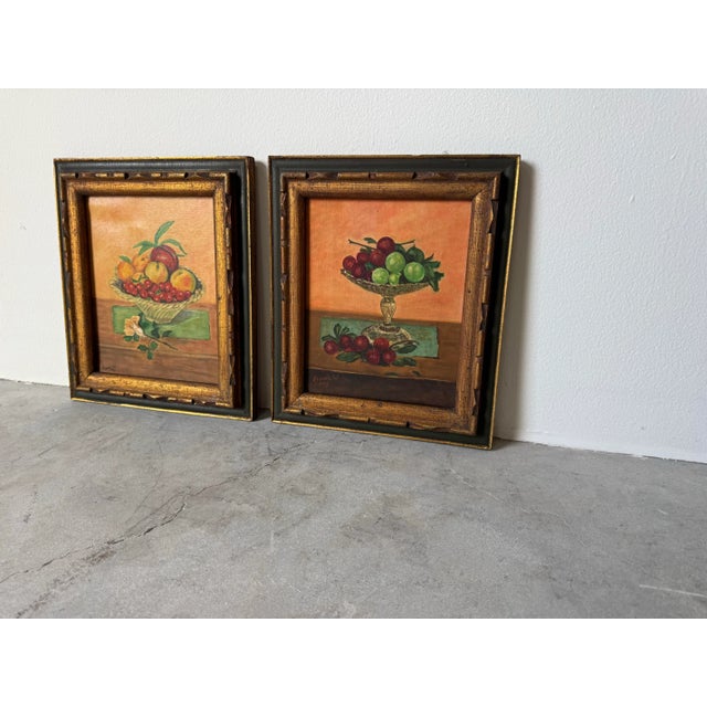 Abstract 1973 Anne W. Still Life Fruit Bowl Oil on Canvas Paintings – A Pair For Sale - Image 3 of 9