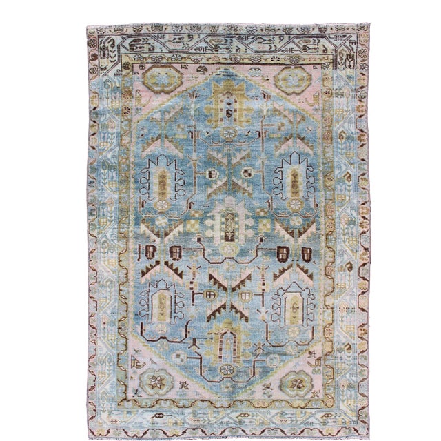 Antique Geometric Design Persian Malayer Rug in Light Blue, Pink, and Green For Sale