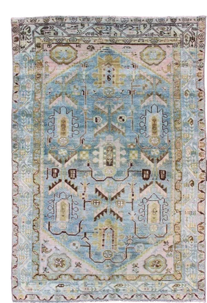 Antique Geometric Design Persian Malayer Rug in Light Blue, Pink, and Green