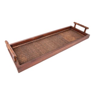 Vintage Oversized Wood and Woven Wicker Decorative Tray For Sale