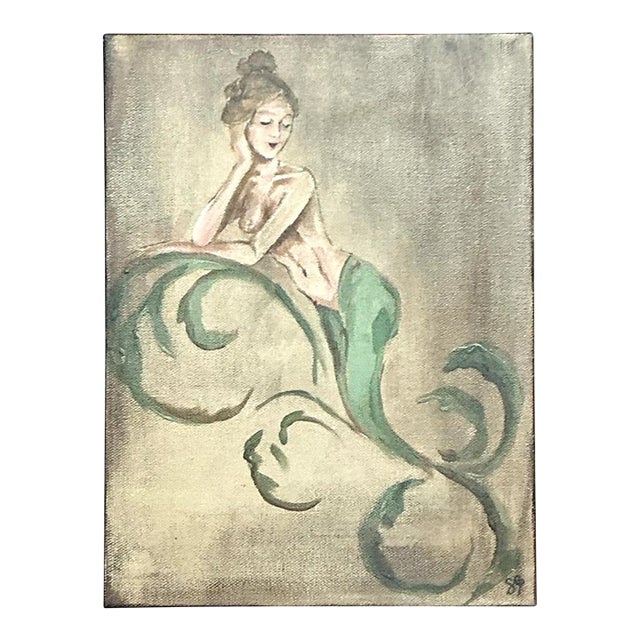 Vintage Oil Painting of Mermaid on Canvas For Sale