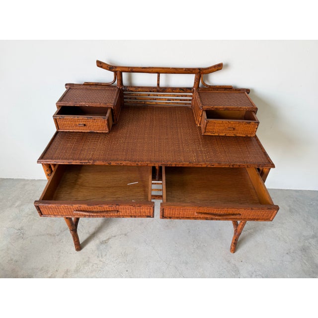 Ornamental & Decorative Materials Vintage British Colonial Style Faux Bamboo & Cane Pagoda Desk With Matching Chair For Sale - Image 7 of 12