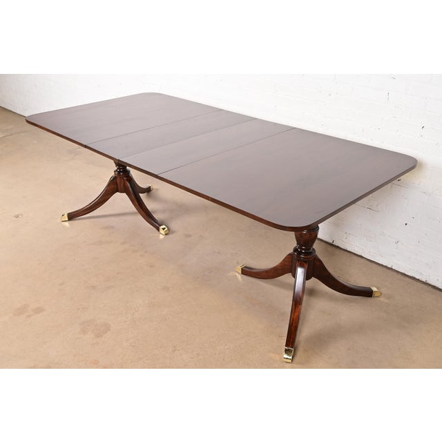 Baker Furniture Style Georgian Mahogany Double Pedestal Extension Dining Table, Newly Refinished For Sale - Image 11 of 11