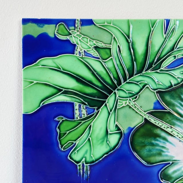 Antique Art Pottery Waterlilly Glazed Decorative Wall Tile in Blue, Green and Pink For Sale - Image 4 of 7