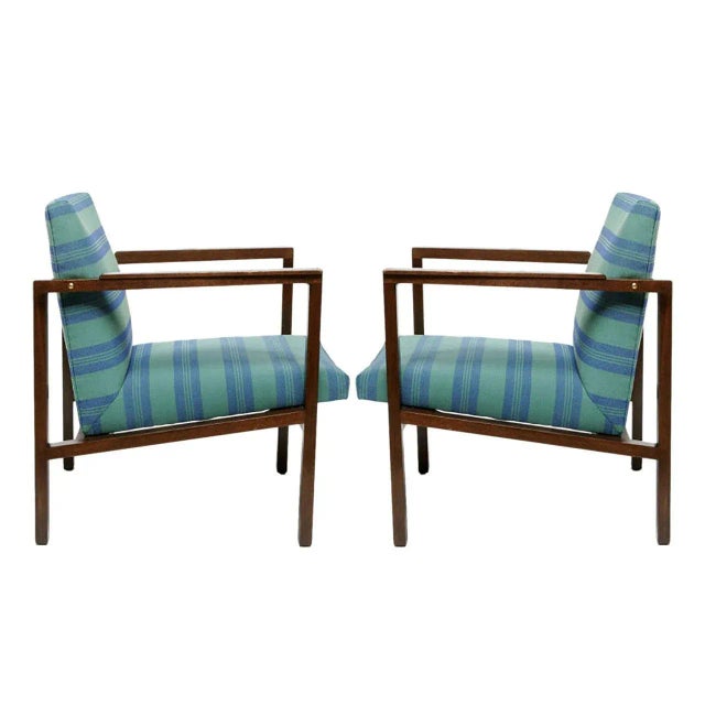 Blue Edward Wormley Walnut Open-Arm Lounge Chairs - a Pair For Sale - Image 8 of 8
