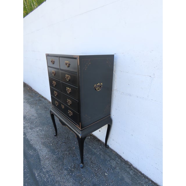 Drexel Painted Black Silver Jewelry Chest Lingerie Cabinet Queen Anne Legs 6330 For Sale - Image 9 of 17