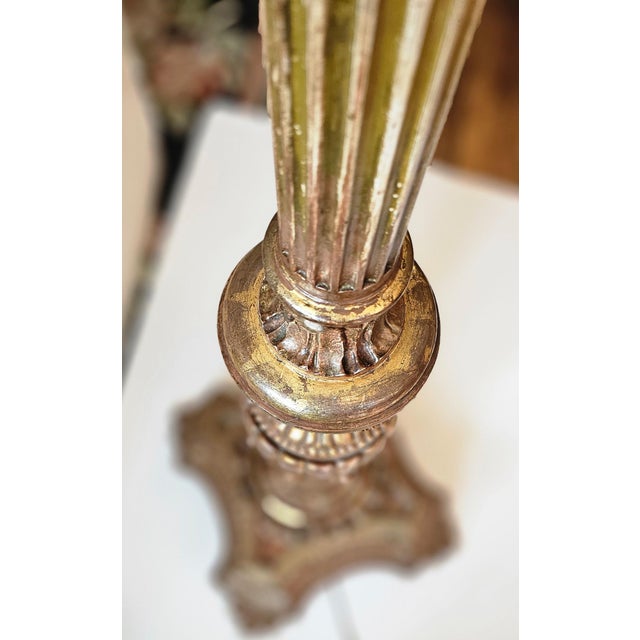 Superbly ornate carved giltwood vintage floor lamp with impressive scale. Custom shade included. 3 sockets so gives lots...