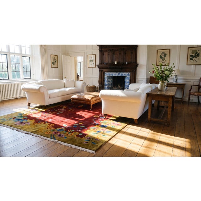 Stunning Colorful Floral Pattern in a Red-Raspebery Ground Color Chinese Art Deco Rug For Sale - Image 13 of 14