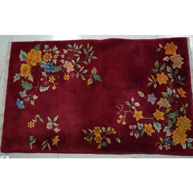 1930s Red Floral Modern Pair of Chinese Art Deco Carpets 3' X 4'10" Handknotted Wool Rugs For Sale - Image 4 of 4
