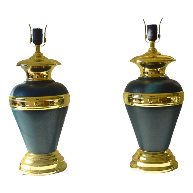 Large Green and Gold Table Lamps, Set of 2 For Sale