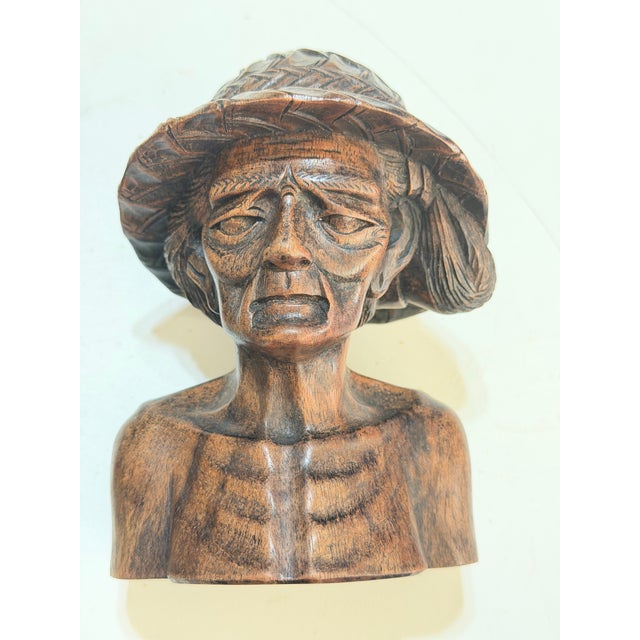 Realism Mid-Century Balinese Hand-Carved Wood Elderly Farmer Couple Busts, Pair For Sale - Image 3 of 12