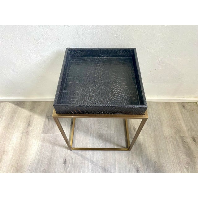 Contemporary Embossed Leather Top Tray Table on Open Frame by Theodore Alexander For Sale - Image 11 of 12