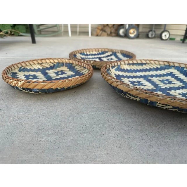 Set/3 gorgeous blue woven Fisherman drying baskets bold patterned natural boho Excellent condition.