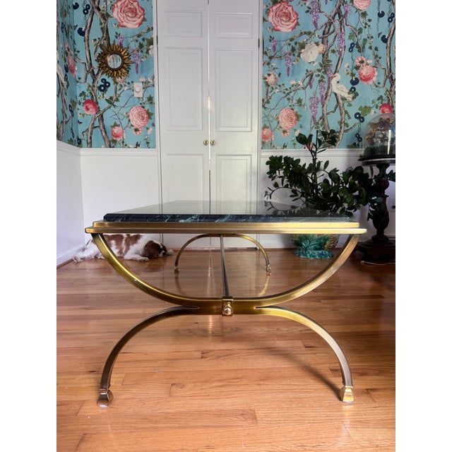 Mid 20th Century Mid 20th Century Maison Jansen Style Green Marble Brass Coffee Table For Sale - Image 5 of 12