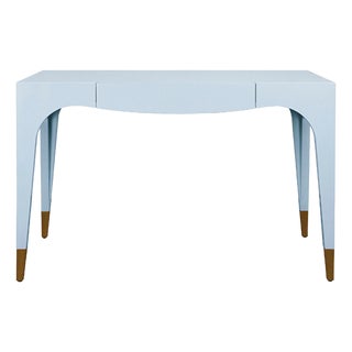 Matthew Izzo Home Mandi Glossy Light Blue One Drawer Desk With Brass Foot Caps For Sale