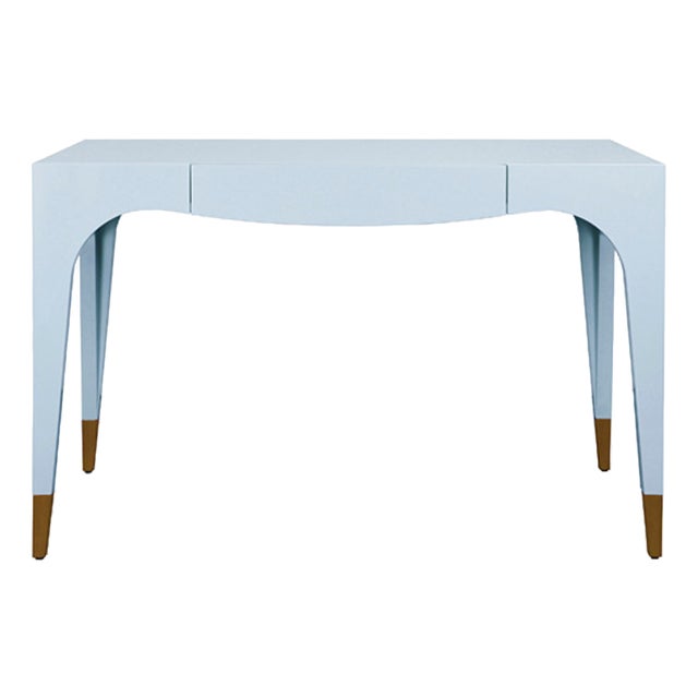 Matthew Izzo Home Mandi Glossy Light Blue One Drawer Desk With Brass Foot Caps For Sale