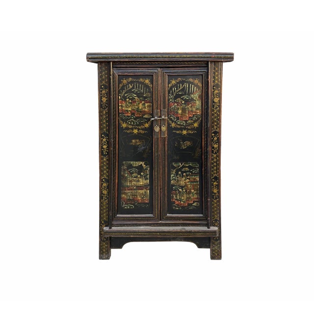 1960s Chinese Vintage Distressed Color Scenery Graphic Dresser Cabinet For Sale - Image 5 of 5