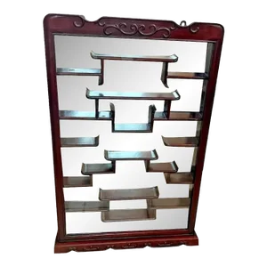 1920s Antique China Cabinet Curio Locking Glass Door Wall Mount 18 Shelves Mirror Back