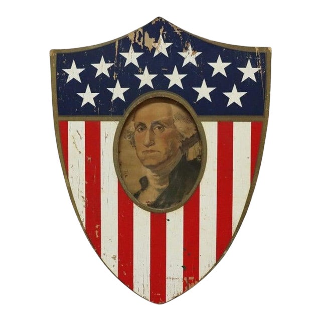Vintage Americana Wooden Shield Frame & 1904 Philadelphia Press Geo Washington For Sale