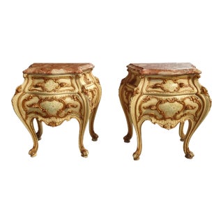 Vintage French Louis XVI Ornate Rococo Gold Nightstands With Marble Table Tops - a Pair For Sale