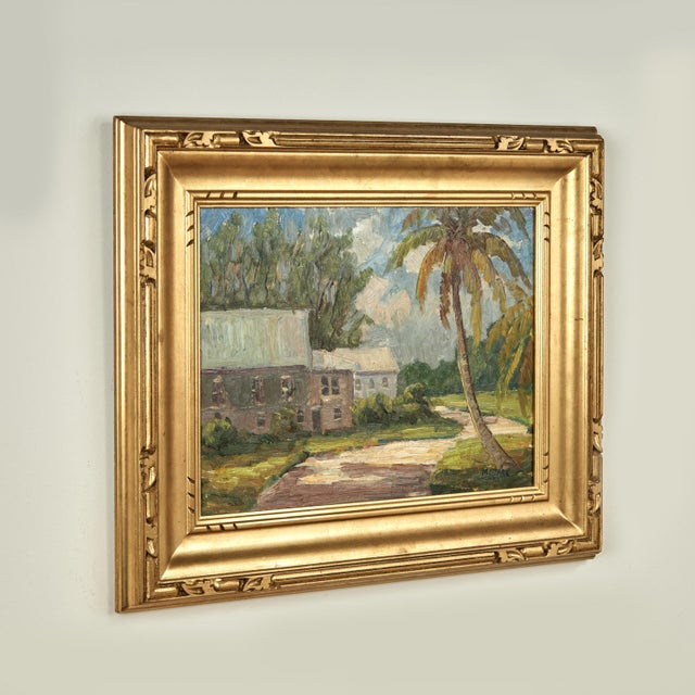 Inspired oil painting on board painted on a sunny day in the tropics with palm trees and houses, executed in an...