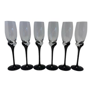 Late 20th Century Sculptural Black Stem Champagne Flutes, Modern Art Glass Barware - Set of 6 For Sale